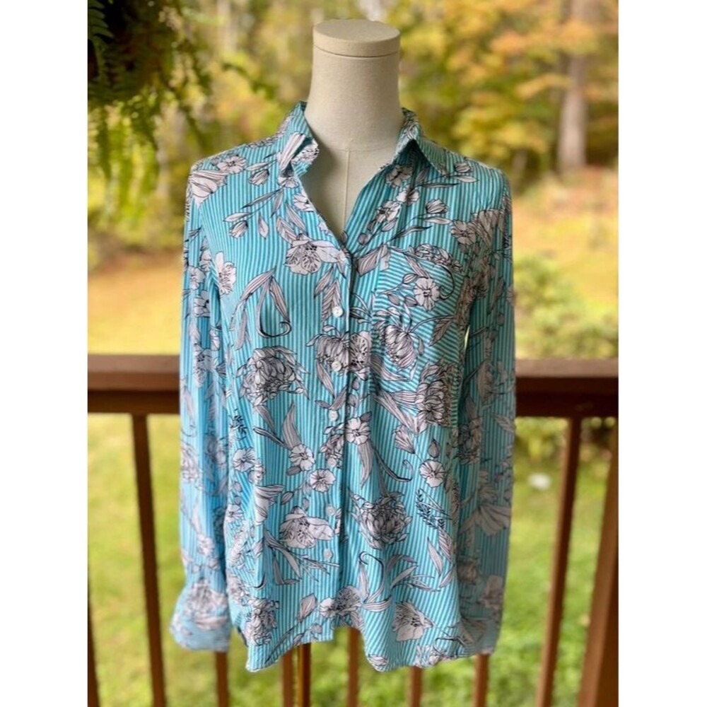 Renuar Turquoise Striped Floral Blouse Small